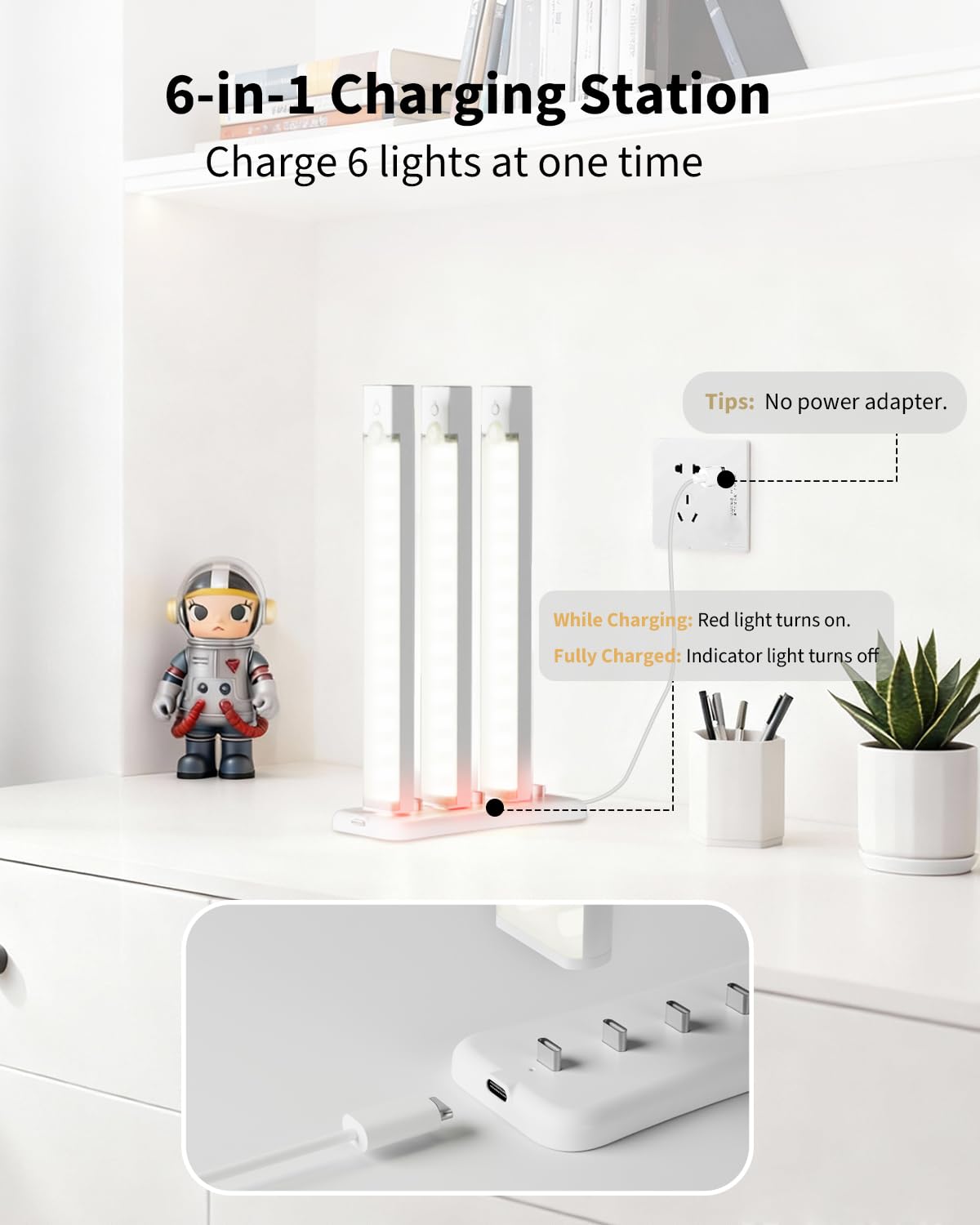 6-Pack 8-Inch Under Cabinet Lighting with Charging Station Rechargeable Motion Sensor Light Indoor 3 Color Dimmable Closet Light USB LED Magnetic Wireless Under Counter Lights for Kitchen Stair - 2