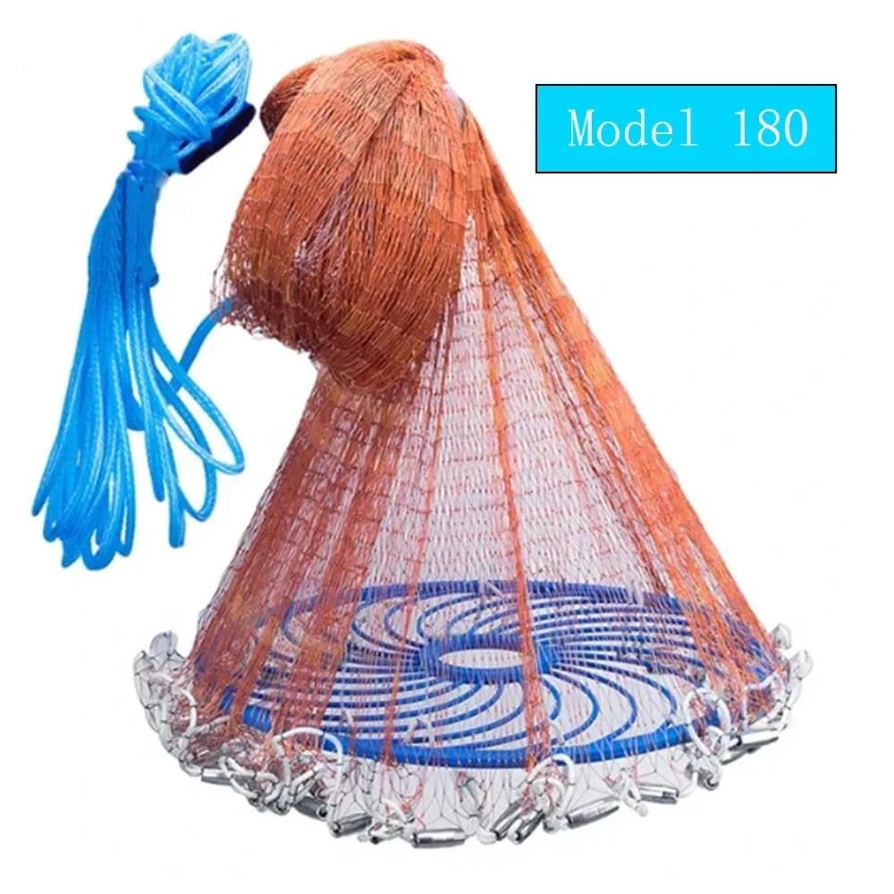 Lancer Un Filet Filet de pêche à Lancer à la Main avec Gros Anneau Bleu en Plastique et Ligne tressée en Nylon avec Pendentif en Acier Cast Net(180)