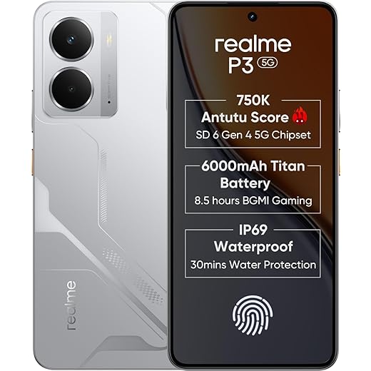 realme P3 5G (Space Silver, 6GB RAM, 128GB Storage) | Snapdragon 6 Gen 4 | 50MP+2MP Rear Camera | 16MP Front | 6.67” Full HD+ AMOLED | 6000mAh Battery | 45W Fast Charging | Expandable Up to 2TB