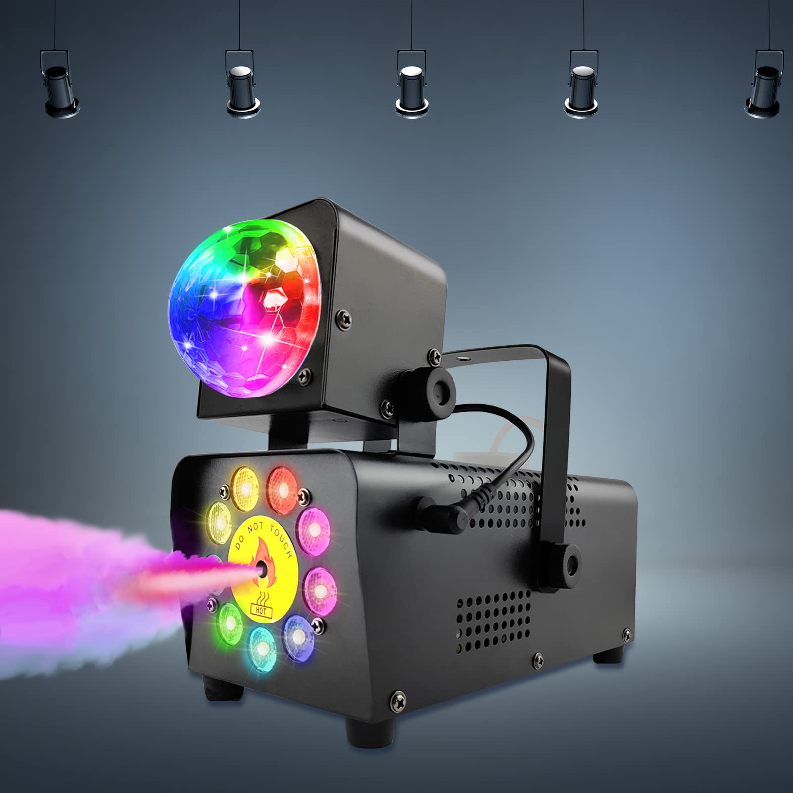 Máquina de niebla de 500 W con bola de discoteca, 12 colores / 9 LED efecto luz ahumada, mini luz de discoteca, luz de fiesta con mando a distancia inalámbrico para DJ, discoteca, fiesta, Halloween,
