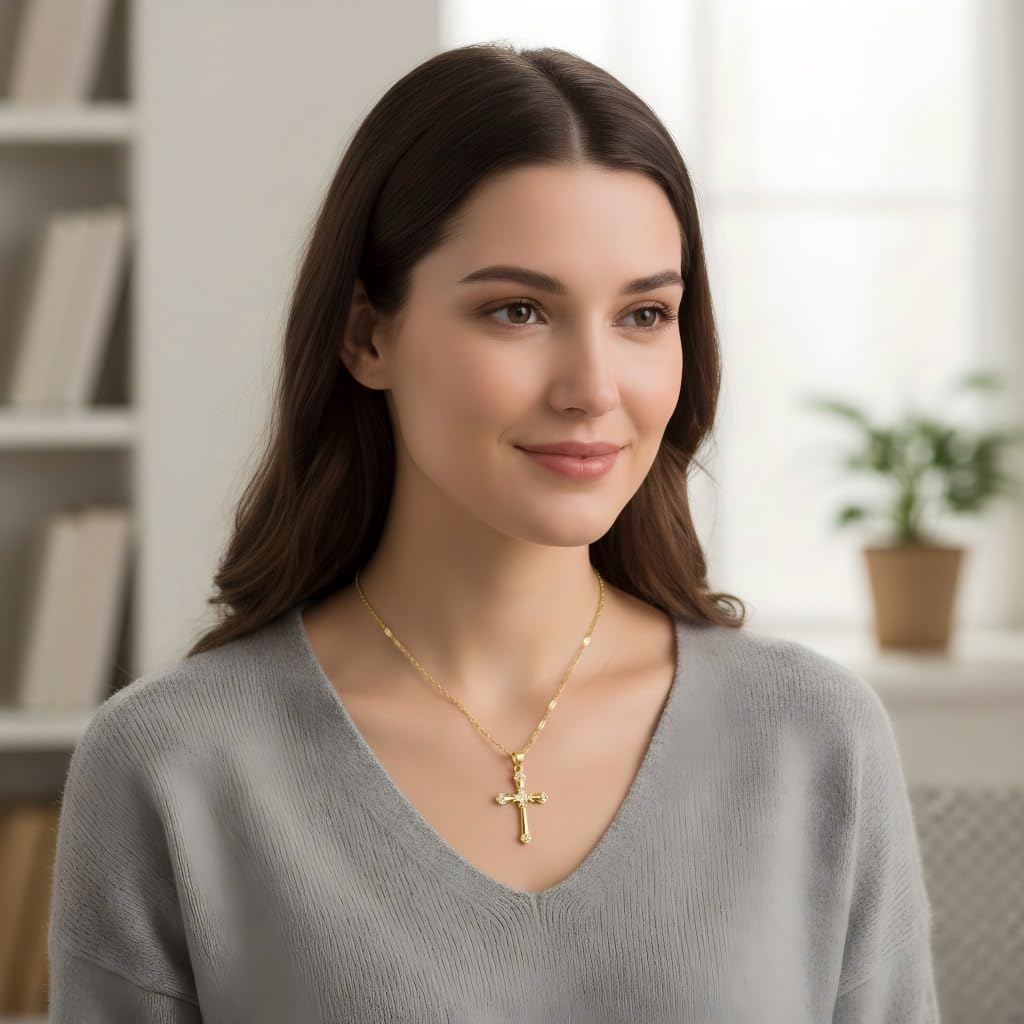 Gold Cross Necklace for Women - Vintage 14K Gold Cross Pendant with Cubic Zirconia Dainty Religious Jewelry Gift for Mom Wife - Image 5