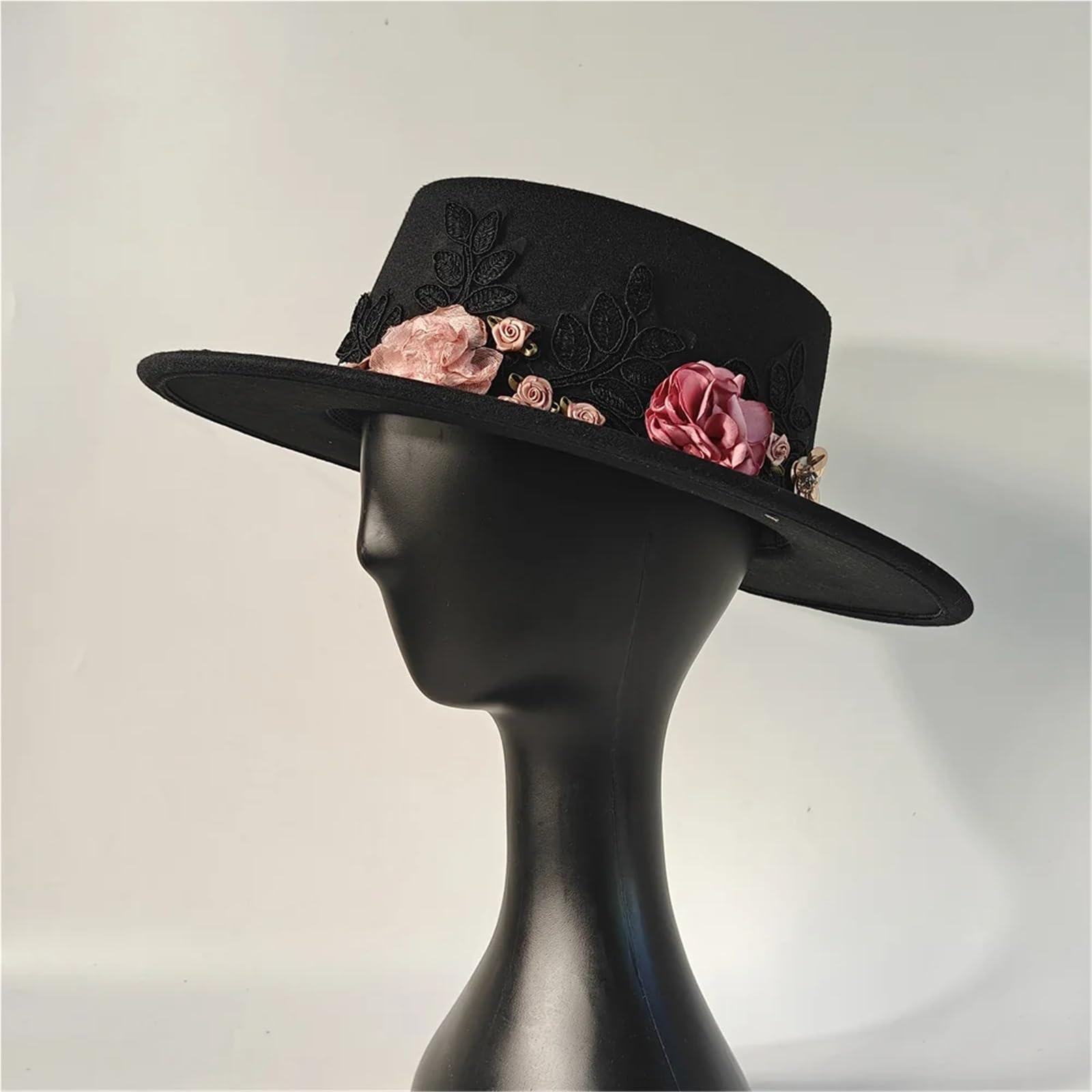 Bombetta Donna Cappello Fedora da Sposa Fiore Autunno Inverno | Cappello a bombetta da chiesa a tesa larga nero da donna con parte superiore piatta Chapeau Femme