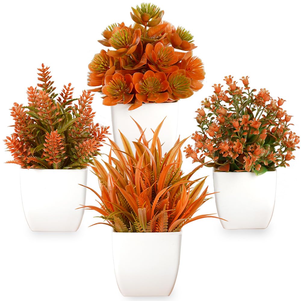 werdecade 4 Pack Fake Eucalyptus Plants - Autumn Mini Artificial Potted Plant, Fall Home Decor, Plastic Small Tabletop Plants for Indoor Office Desk Room Bathroom Decor (White)