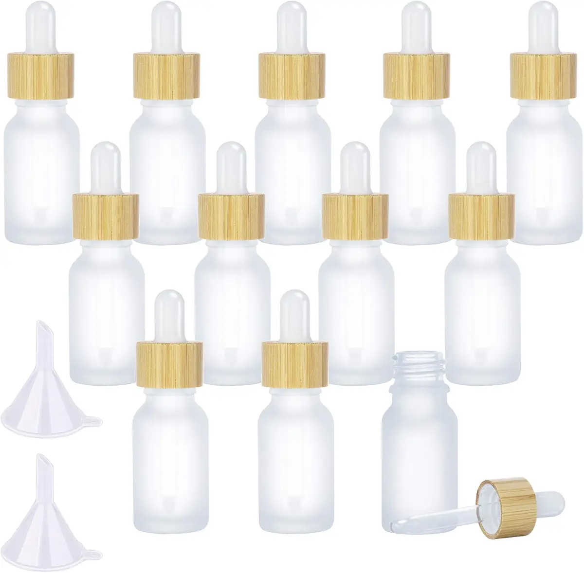 MODOWEY 12Pcs 15ml Frosted Glass Dropper Bottles, Eco-friendly Essential Oil Bottles With Eye Dropper and Bamboo Lids, Refillable Essence Liquid Cosmetic Containers and 2 Pieces Funnel (15ML)