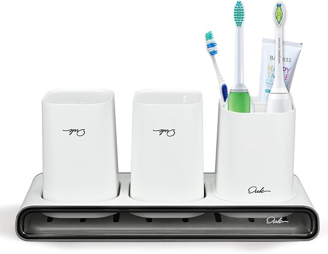 Toothbrush Holder with Tumblers Set, Multifunctional Electric Toothbrush Holder, Toothbrush Caddy Toothpaste Razors Stand for Bathroom Countertop 3 Compartment Storage Box (White)