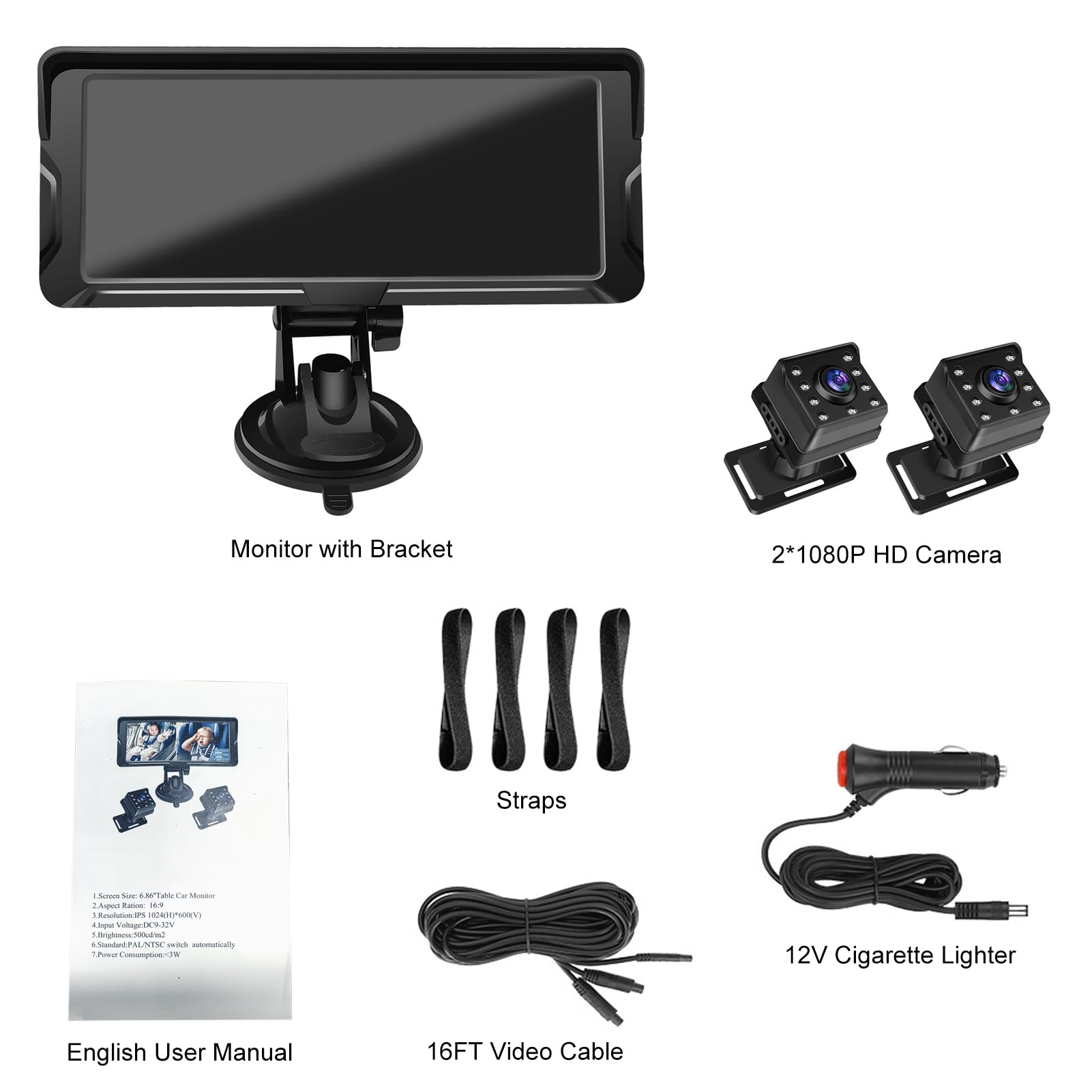 Shkalacar Camara Vigilancia Bebe Dual Canal de 6.8 Pulgadas 1080p con Visión Nocturna IR y ángulo de Visión de 150 ° de Ancho, Espejo Coche Bebe Rotativo para la Cara Trasera