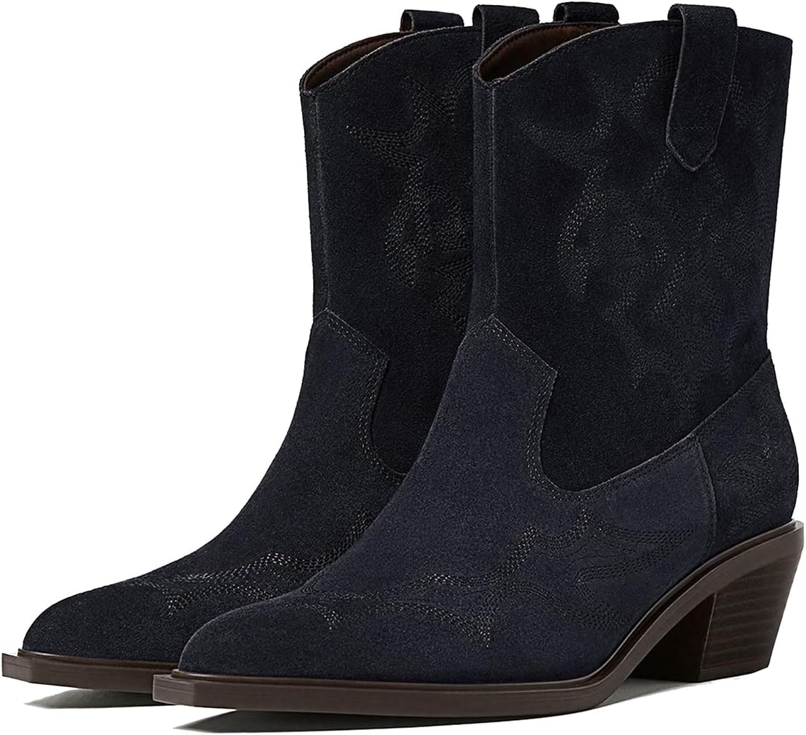 Women Chunky Stacked Heel Western Ankle Booties Embroidered Suede Pointed Toe Mid Calf Cowboy Boots Pull On Block Heels Short Dress Boots Stretchy Fall Winter Retro Party Office 4-11 M US