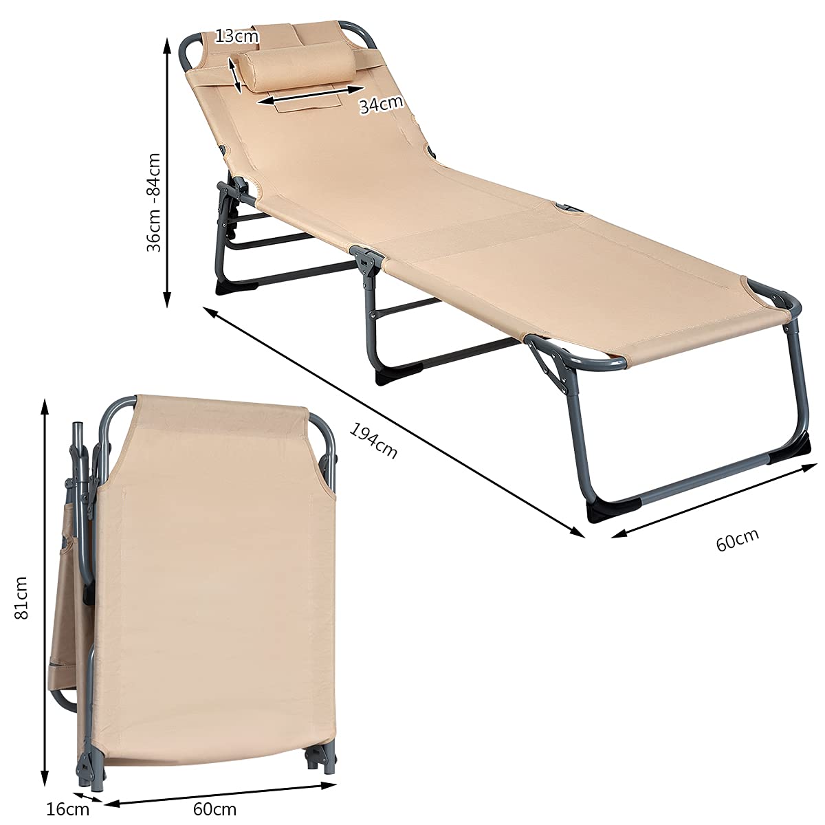 GOPLUS Zonnebed, inklapbaar, ligstoel met gezichtsopening en kussen, incl. zijzak, ligstoel met verstelbare rugleuning en voetensteun, relaxstoel voor tuin, strand, camping, zwart