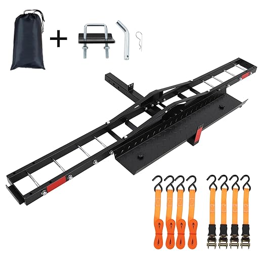 Motorcycle Rear Luggage Rack, Capacity 270 kg, with Ramp and Anti-Tip Stabilizer, Steel Structure for 5 cm Hitch, Ideal for Mountain Bikes, Scooters, Ebikes