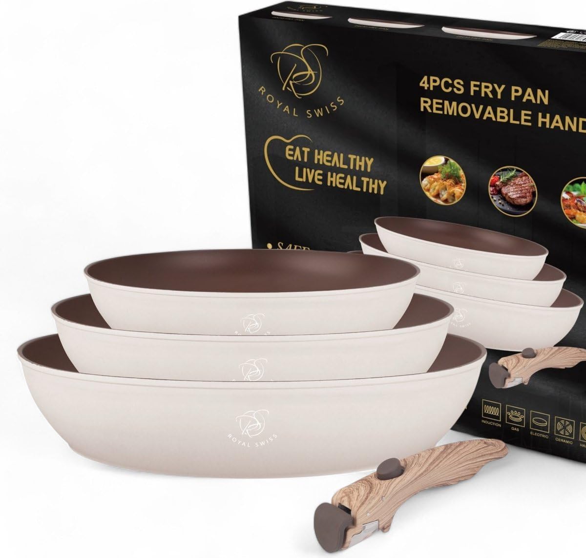 Royal swiss® 4 Piece Frying Pan Set, Removable Handle, Marble Coated, Induction, PFAS Free, for All Heat Sources Black (Beige, 4)