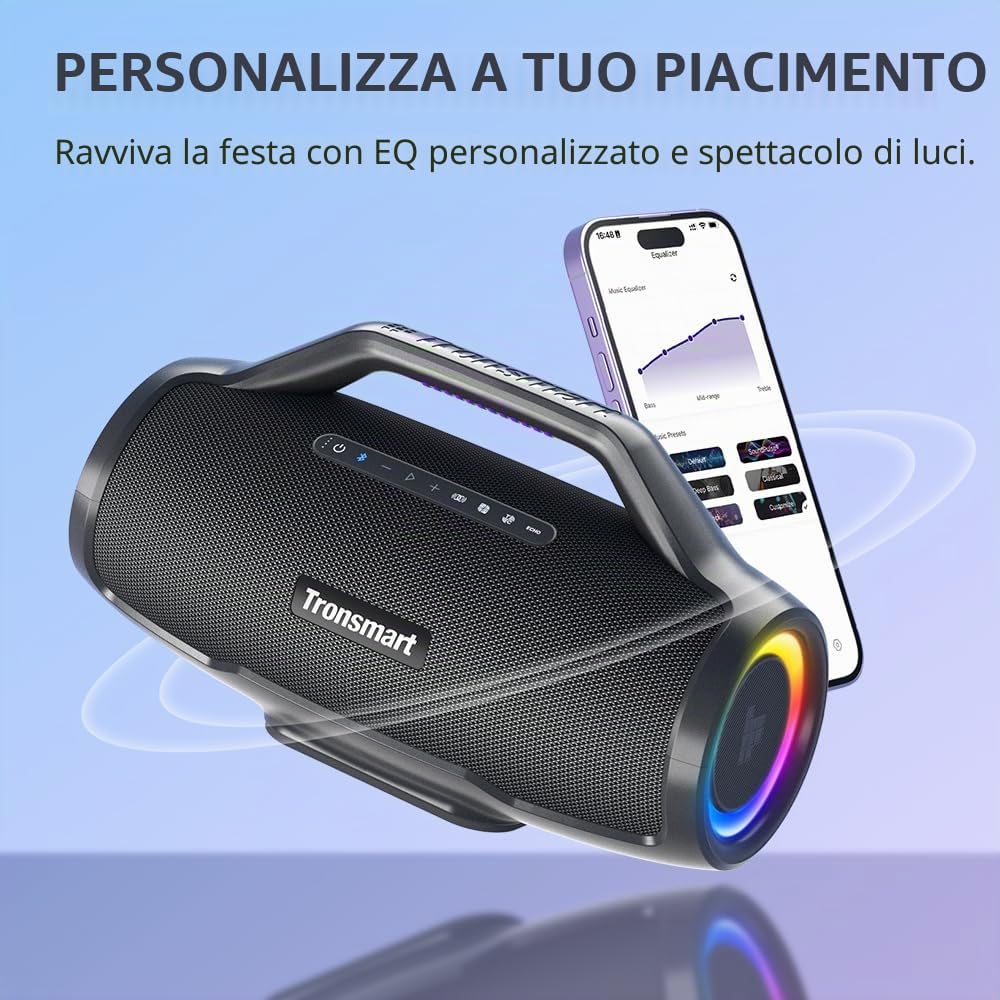 Tronsmart Bang MAX Cassa Bluetooth Potente 130W, Altoparlante Bluetooth 5.3, Luci a LED e Impermeabile IPX6, Fino a 24H di Autonomia, Tripli Radiatori Passivi-Bassi con AUX, TF, App, Foro per Chitarra