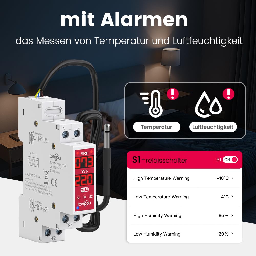 TONGOU Digitales Display Temperatur Hutschiene DIN, Regler Thermostat mit NTC Sondensonde Temperatursensor, Dry Contact Smart Schalter 2-Kanal, TUYA/SMART Life APP