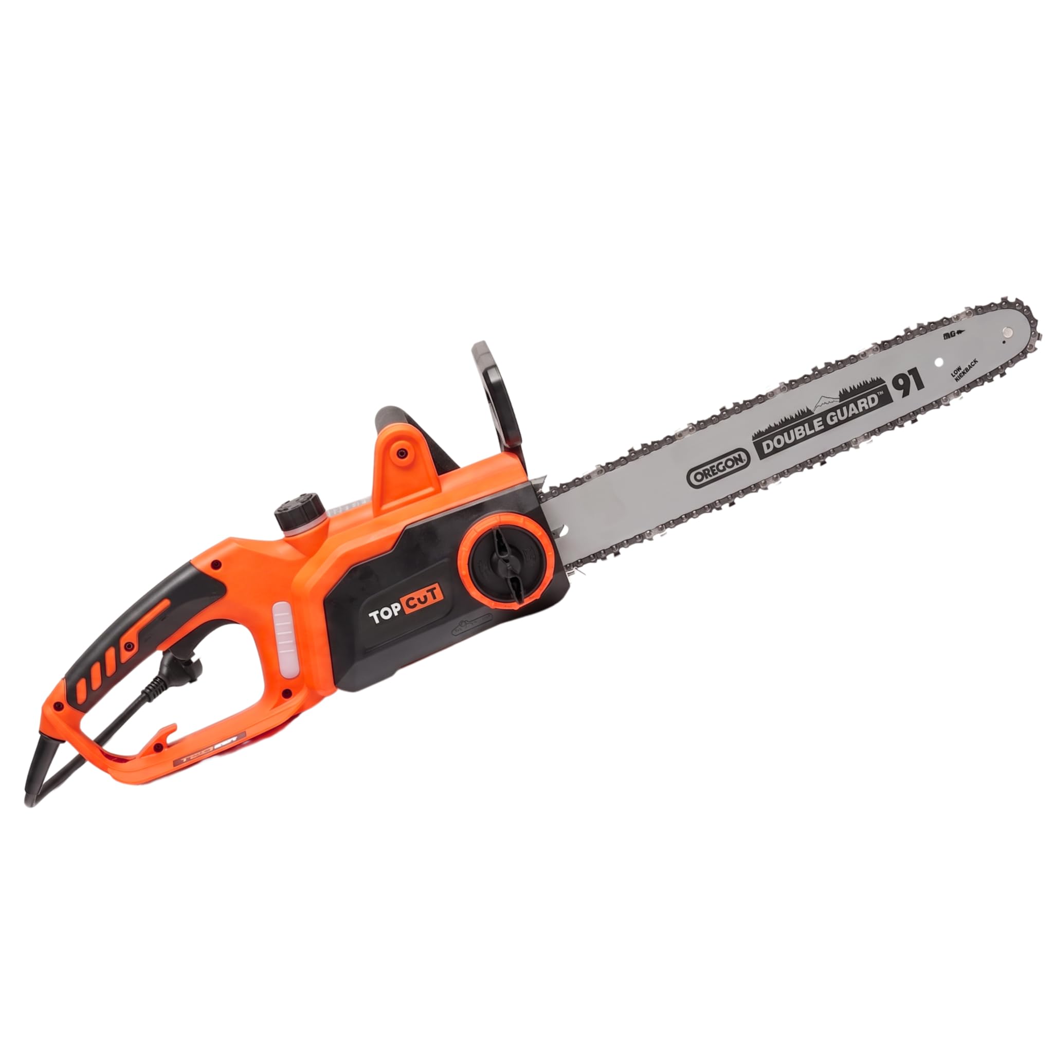TOP CUT TC-CE-2400-O | Elektro-Kettensäge 2400W | Professionelles OREGON Schwert 40cm (16 Zoll) | Werkzeugloses SDS Kettenspannsystem Automatische Schmierung Kettenbremse 0.09s | Elektrische Säge