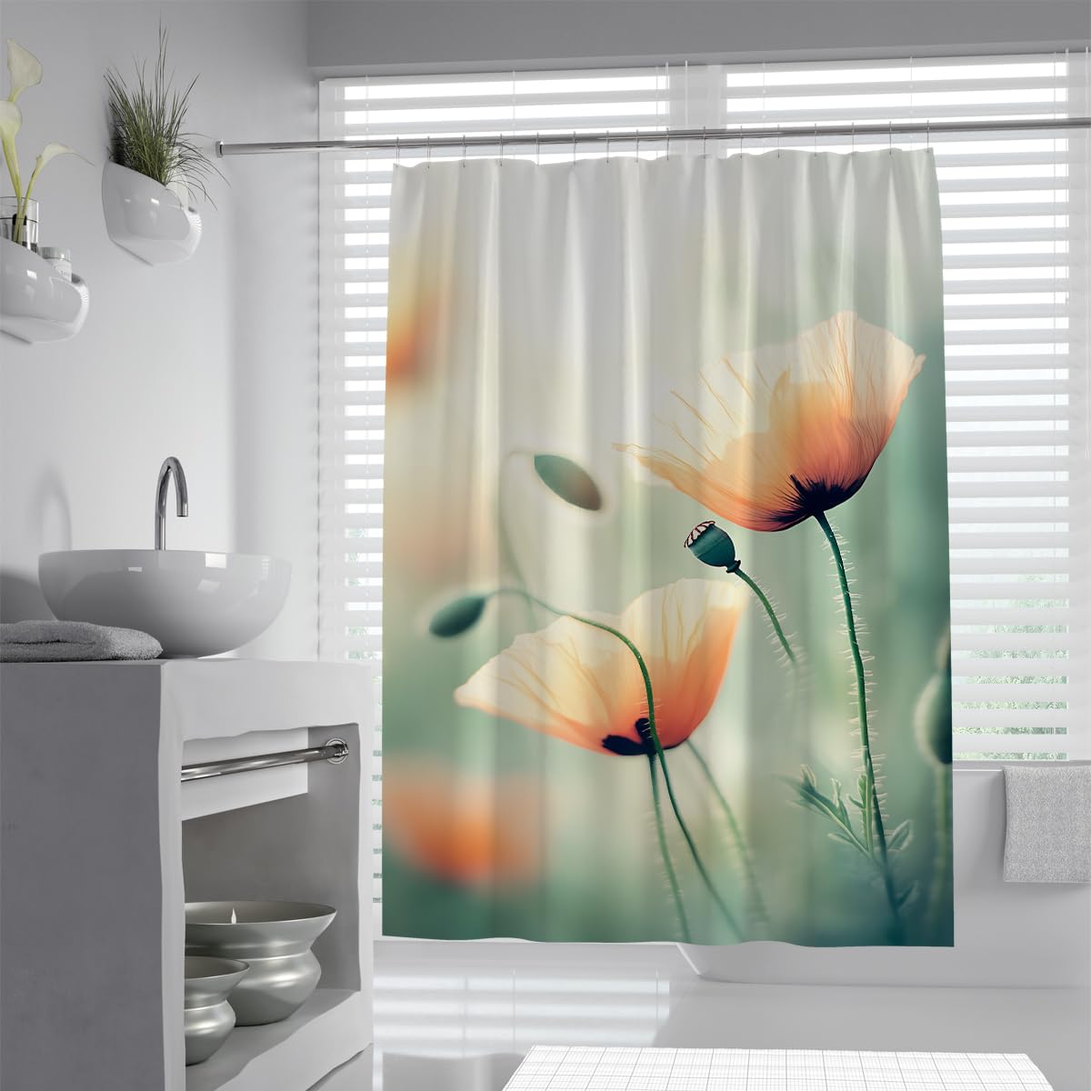 UIRINGART Elegant Poppy Bud Shower Curtain W100xL200cm Pastel Orange Green Floral Pattern Machine Washable Waterproof Bathroom Curtain For Bath Tub With Hooks