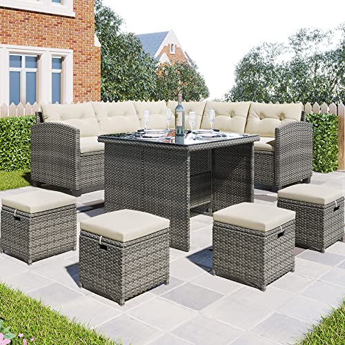 Merax Rattan Garden Furniture Set with Corner Sofa, Table and Stool, Outdoor Patio Dining Set, 8 Piece Seating Set, Inc.Seat- and Back Cushions (Beige)