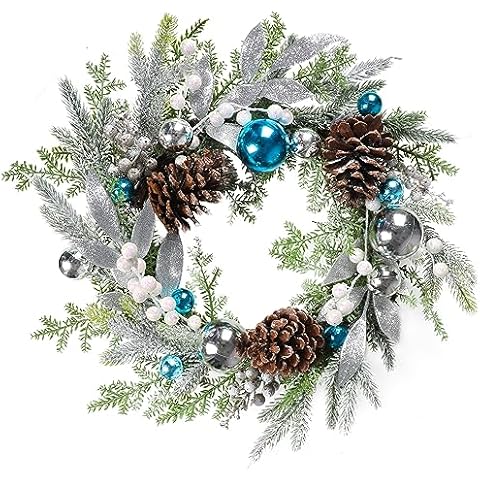 LASPERAL Artificial Christmas Door Wreath, 17" Blue Winter Wreath for Front Door Artificial Holiday Wreath Xmas Outdoor Wreath with Christmas Balls, Pine Core for Indoor Outdoor Decoration Cover