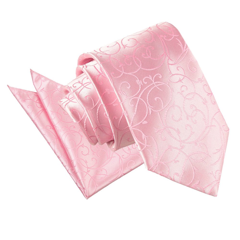 Dqt Men's Baby Pink Swirl Floral Jacquard Tie, Pocket Square & Cufflinks Set (3Pc) - Wedding, Business & Formal