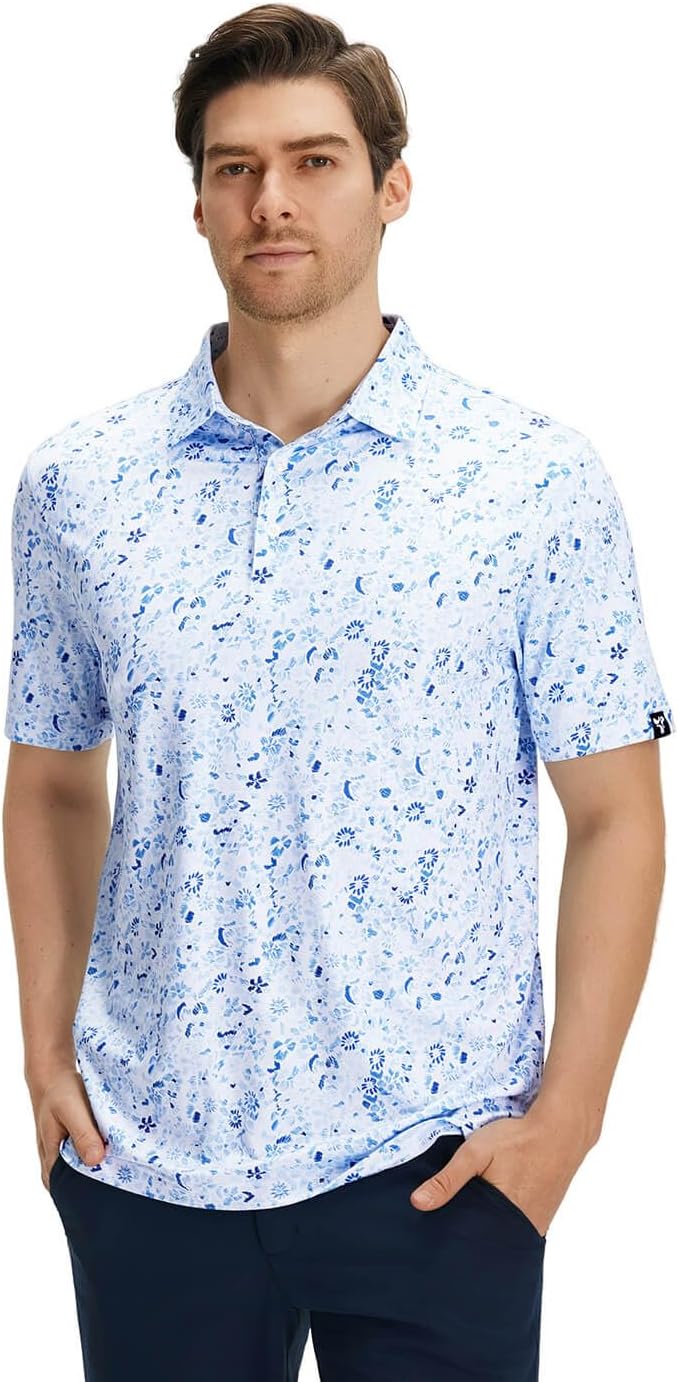 Men' s Golf Shirts Short Sleeve Print Performance Moisture Wicking Dry Fit Golf Polo Shirts for Men