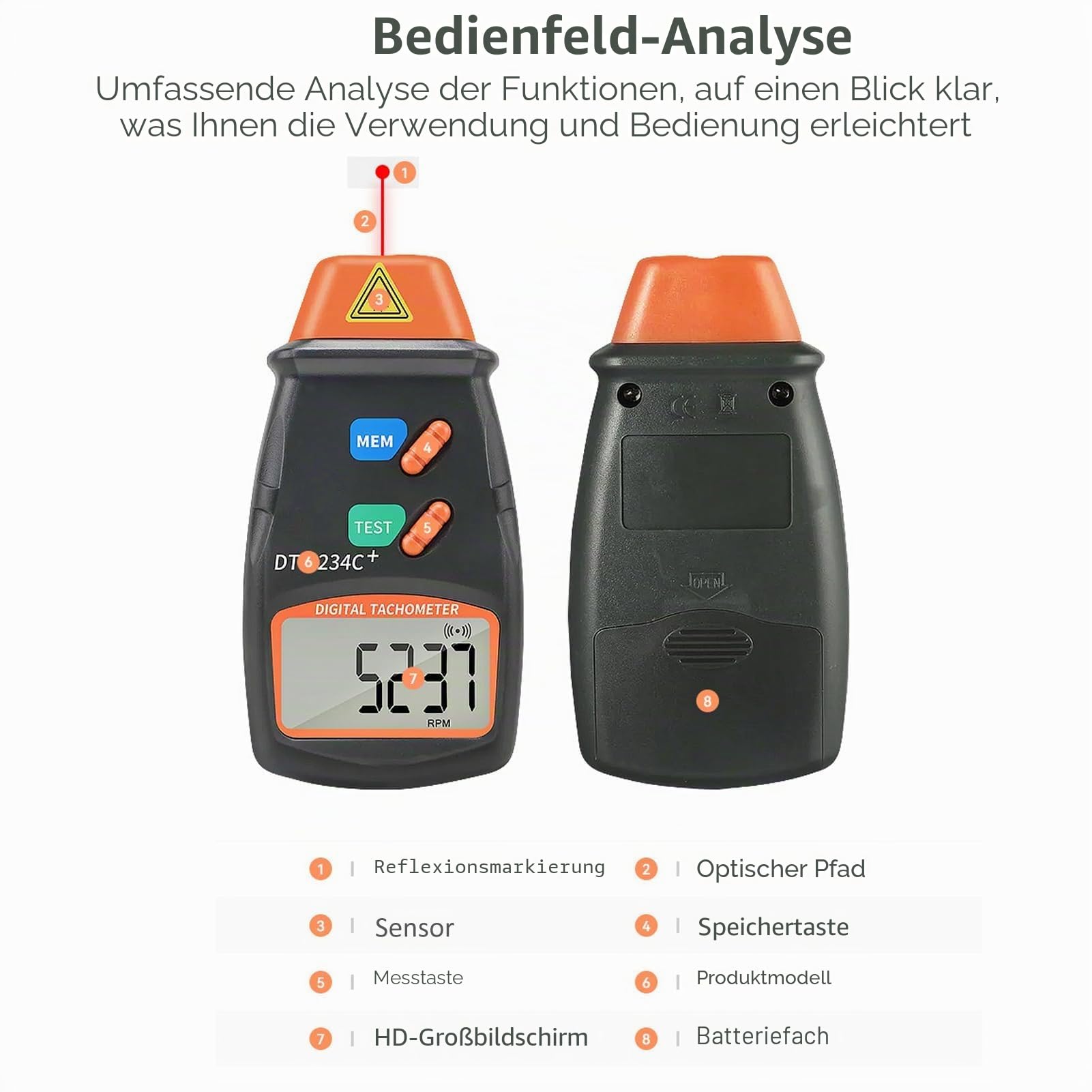 Fototachometer DT2234C Digital Tachometer Berührungsloser Tragbarer mit LCD Display Drehzahlbereich 2,5 bis 99.999 U/min