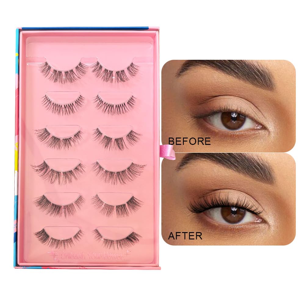 Natural False Eyelashes Set, 6 Styles, Reusable Handmade Lashes with Pink Storage Case, HUNHE2, 1 pair (Pack of 1) - Image 4