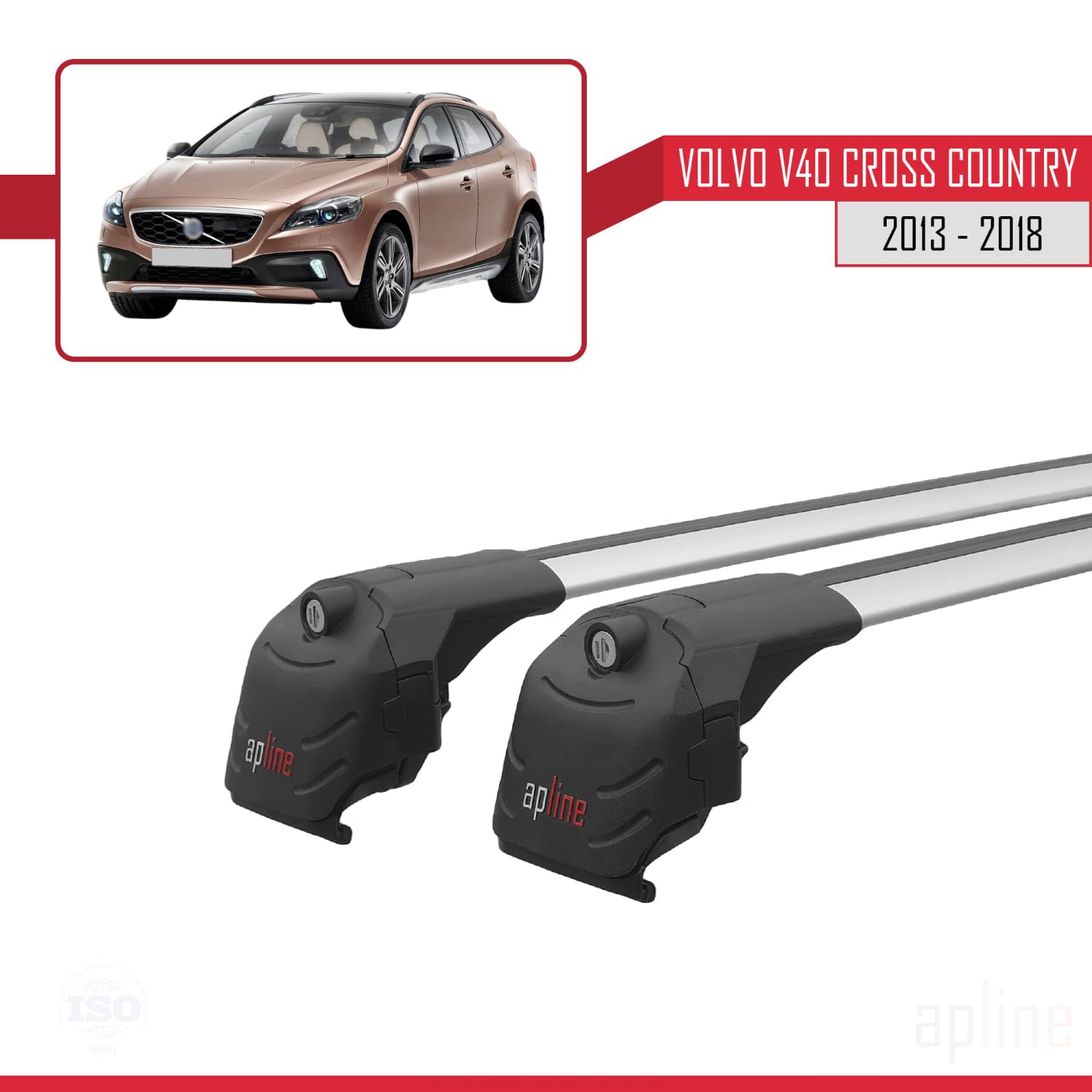 Compatible con Volvo V40 Cross Country 2013-2019 Modelo Ace-2 Barra de Techo Auto Portaequipajes Barras Transversales Gris Aluminio 2 Barras