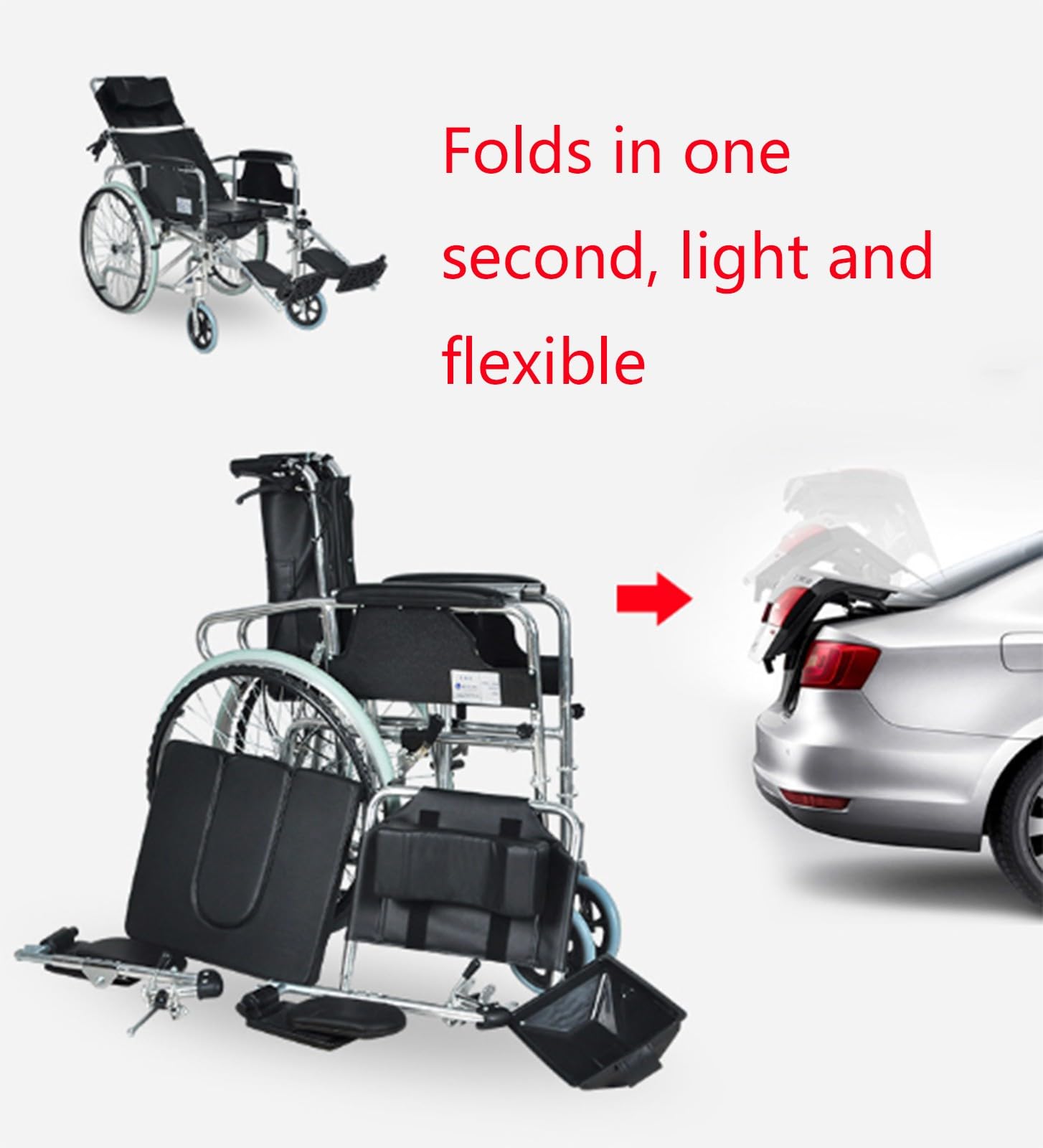 La Silla de Ruedas se Puede reclinar Completamente, Silla de Ruedas portátil con Brazos Plegables + Asiento e Inodoro para sillas de Ruedas para Personas Mayores A