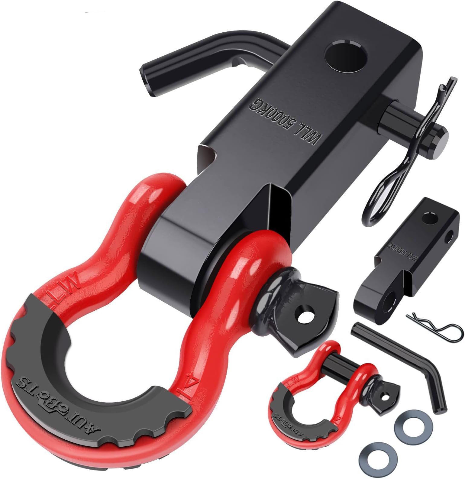 AUTOBOTS Shackle Hitch Receiver 2", 45,000 Lbs Break Strength Heavy Duty Receiver with 5/8" Screw Pin, 3/4" D Ring Shackles, Towing Accessories for Vehicle Recovery Off-Road, Red&Black