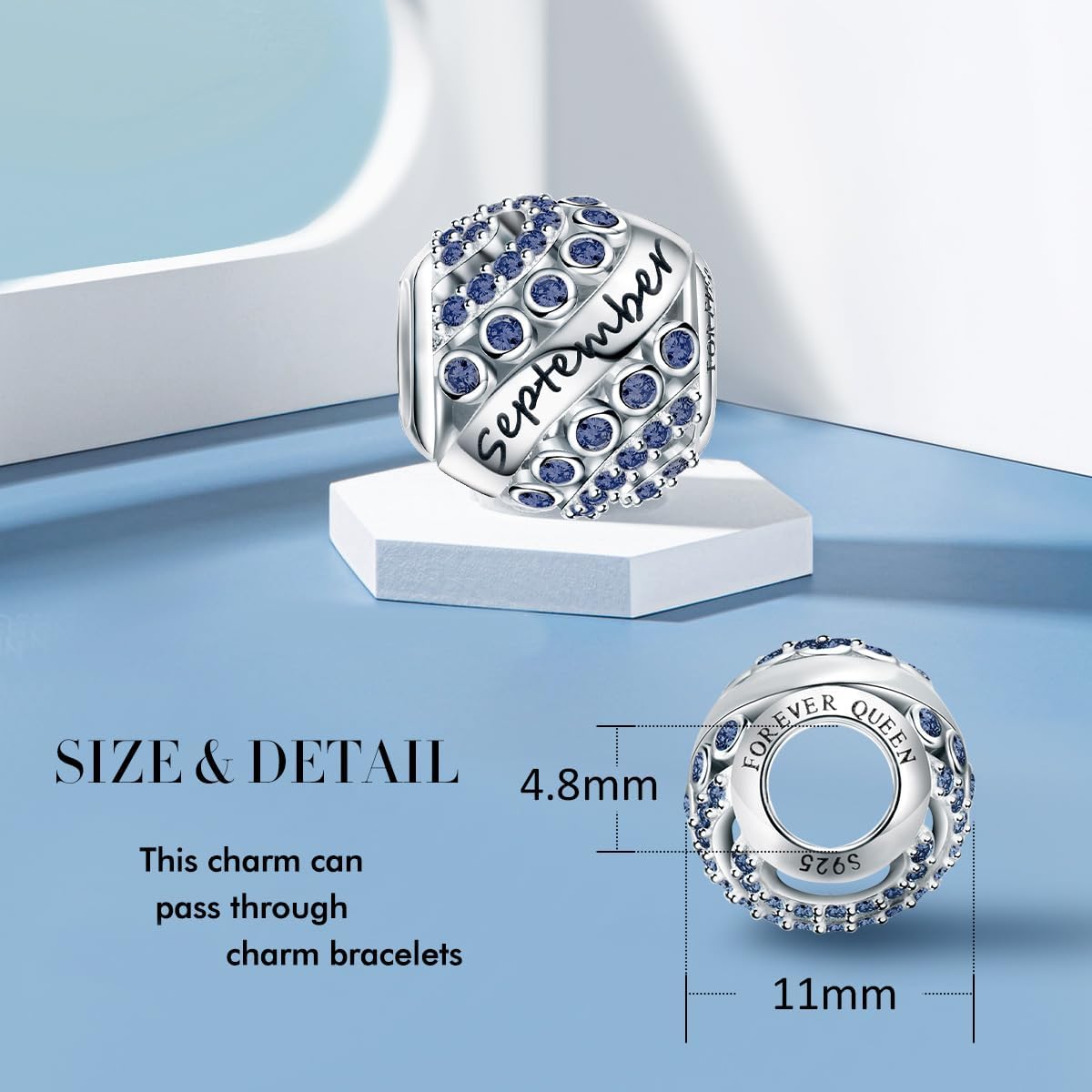 FOREVER QUEEN Birthstone Charm for Bracelet - 925 Sterling Silver Bead Openwork, Happy Birthday Charm for Necklace - Valentine's Day Mother's Day Gift - Image 2