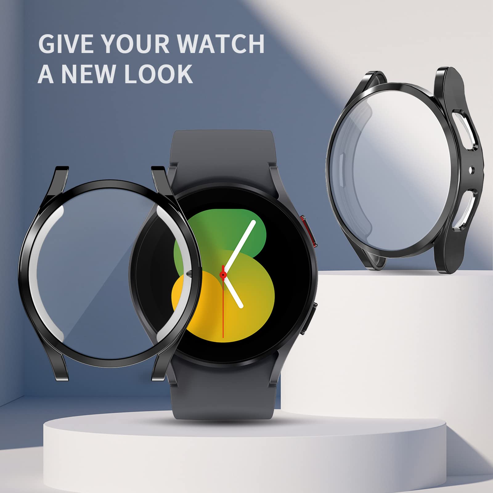 RICHONE Lot de 2 coques de protection d'écran compatibles avec Samsung Galaxy Watch 5/Galaxy Watch 4 40 mm Coque de protection complète en TPU souple avec cadre antichoc (noir + noir, montre 5/4 40