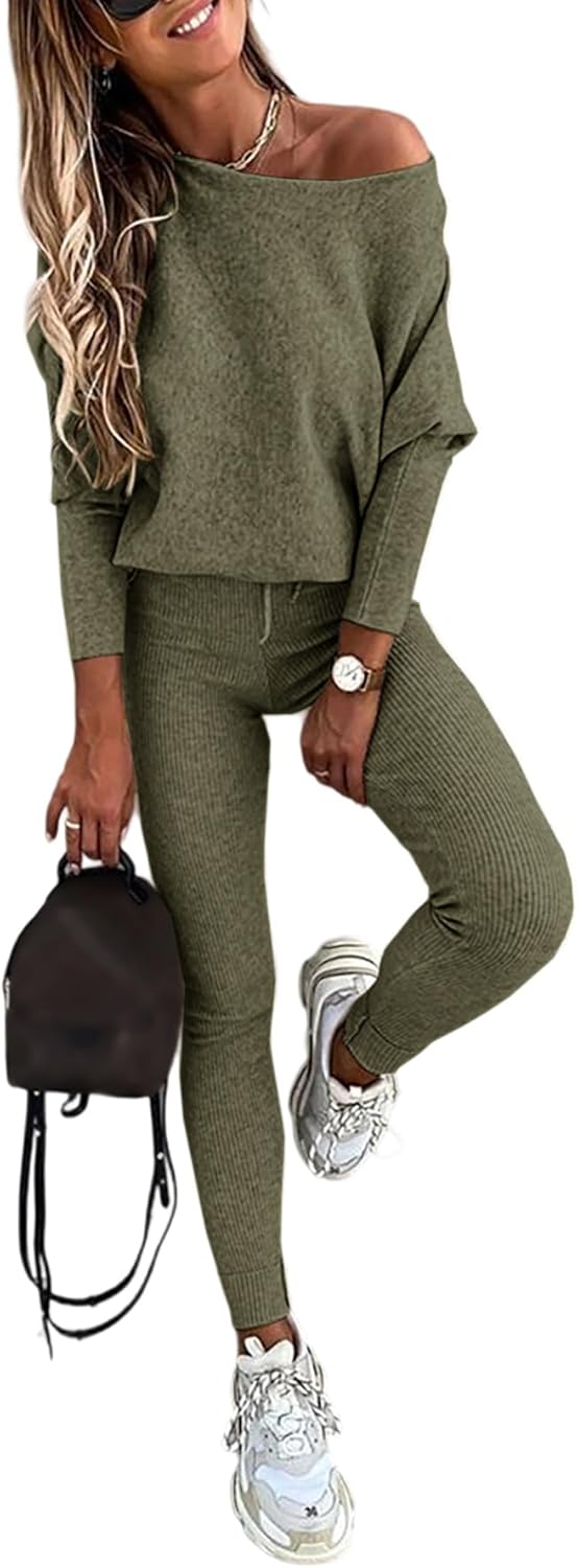 CHICME 2 Piece Lounge Outfit Long Sleeve Knit Pullover Tops Drawstring Pants Set Tracksuit Sweatsuit