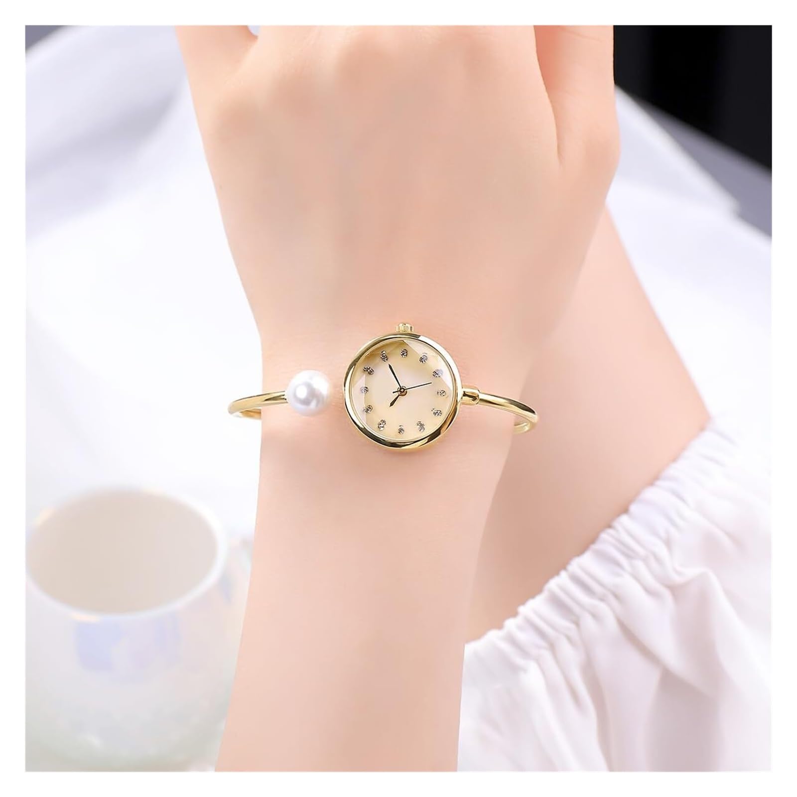 Orologio da polso delicato da donna, elegante braccialetto di perle, orologio da polso al quarzo rotondo impermeabile, regalo for le donne Orologio da polso(Gold)