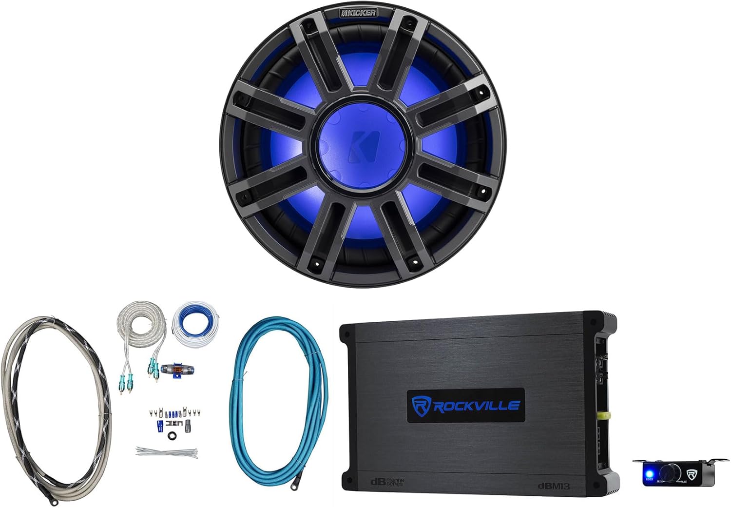 Audiosavings Bundle: KICKER 51MWE124 12" 450W RMS Marine Boat Subwoofer 4-Ohm Sub Bundle with Rockville 3000W Peak/750w RMS Mono Marine Amplifier 2 Ohm Amp, RMWK4 Marine Amp Install Wire Kit (3 items)