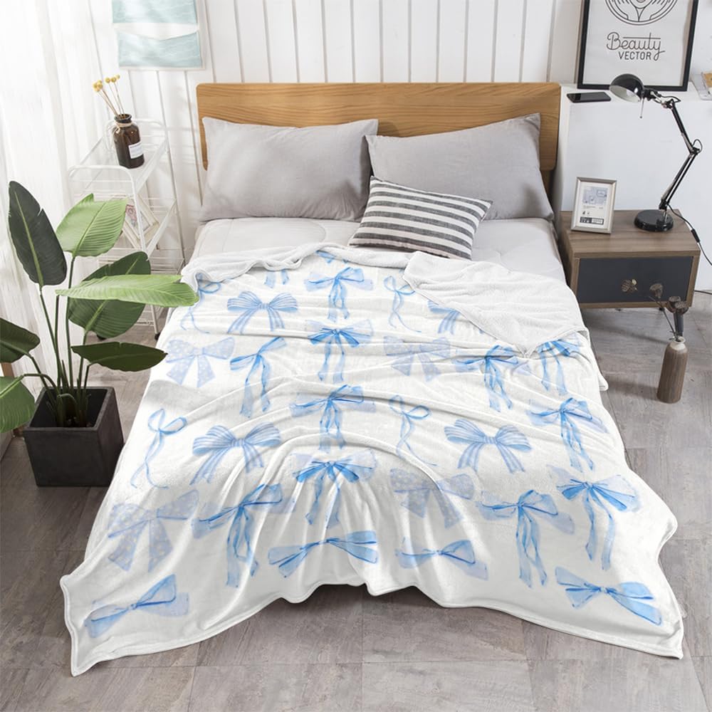 Blue Bows Blankets Preppy Coquette Room Decor Electric Blanket Girls Bedroom Decor Trendy Bow Throw Blanket Coquette Girly Blanket Gifts for Women Teens Soft Flannel Lightweight 50"x60" - Image 2