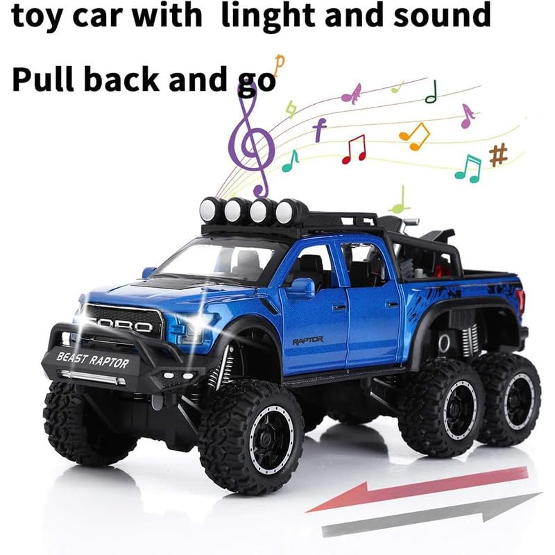 Image of New 1:24 Raptor F150 Diecast Alloy Metal Pull Back Car with Openable Doors Music Sound and Light Vehicle Toy Car for Kids Boys (Blue)