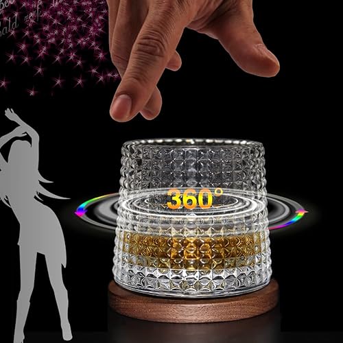 Miniatura 3 de Juego de 2 vasos de whisky giratorios, vasos de cristal con 2 posavasos creativos de nogal y caja de regalo, para escocés, bourbon, cócteles