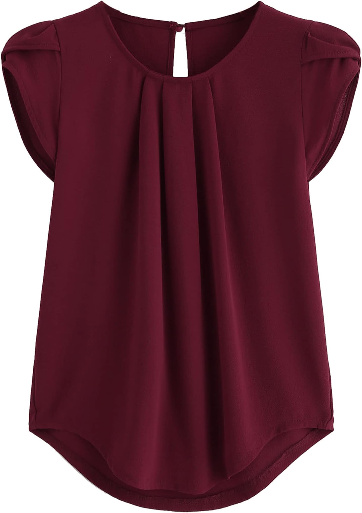 Women's Casual Round Neck Basic Pleated Top Cap Sleeve Curved Keyhole Back Blouse