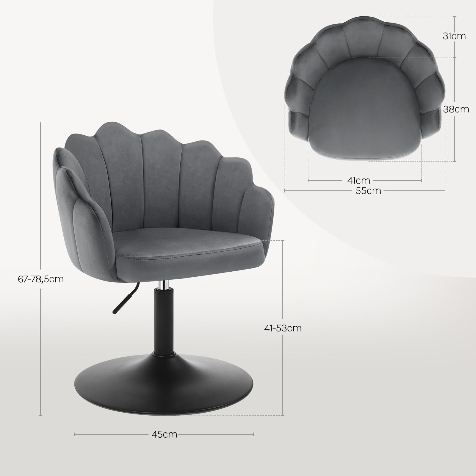 WOLTU Schminktisch Stuhl, Sitzhocker mit Lehne, Schminkstuhl Blumenform, Hocker höhenverstellbar drehbar, Drehhocker Samt, Metall, Dunkelgrau