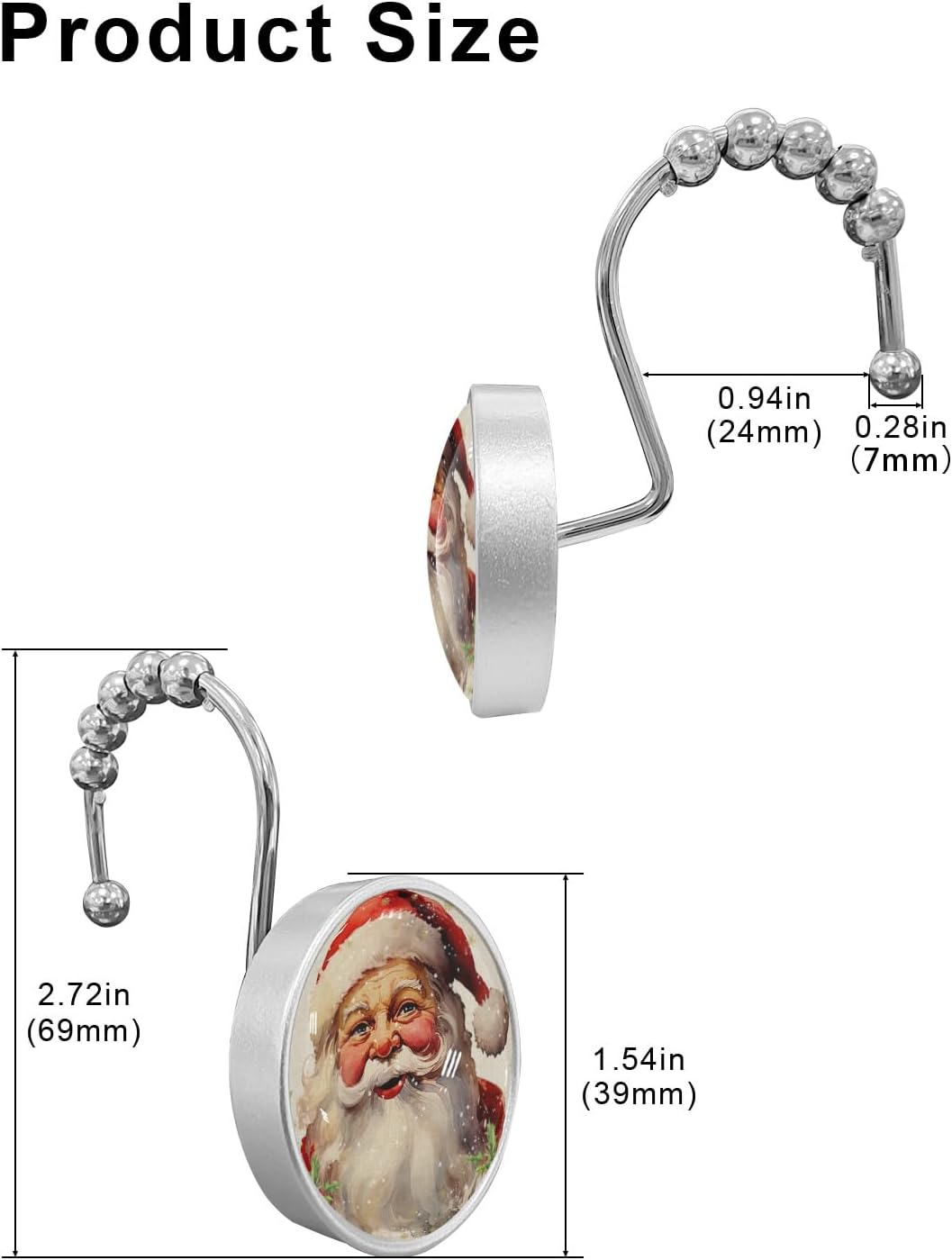 Christmas Shower Curtain Hooks Set of 12, Hat Santa Claus Crystal Glass Shower Curtain Rings for Bathroom Decorative Stainless Steel Rust Proof Roller Shower Curtain Hangers