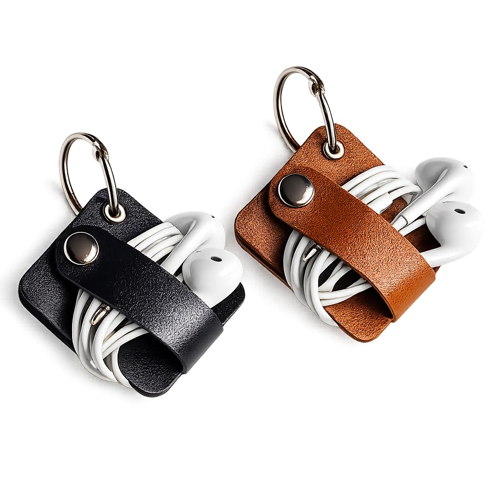 MIZI 2-Pack PU Leather Cord Organizer, Earphone & Headphone Cable Holder, Snap Button Cord Wrap, Portable Cable Winder for Earbuds, Charging Cables & USB Cords, Black/Brown-image-19