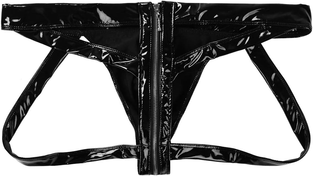 Hularka Men's Patent Leather Briefs Hollow Out Zipper Jockstrap Bulge Pouch Panty Bikini Lingerie