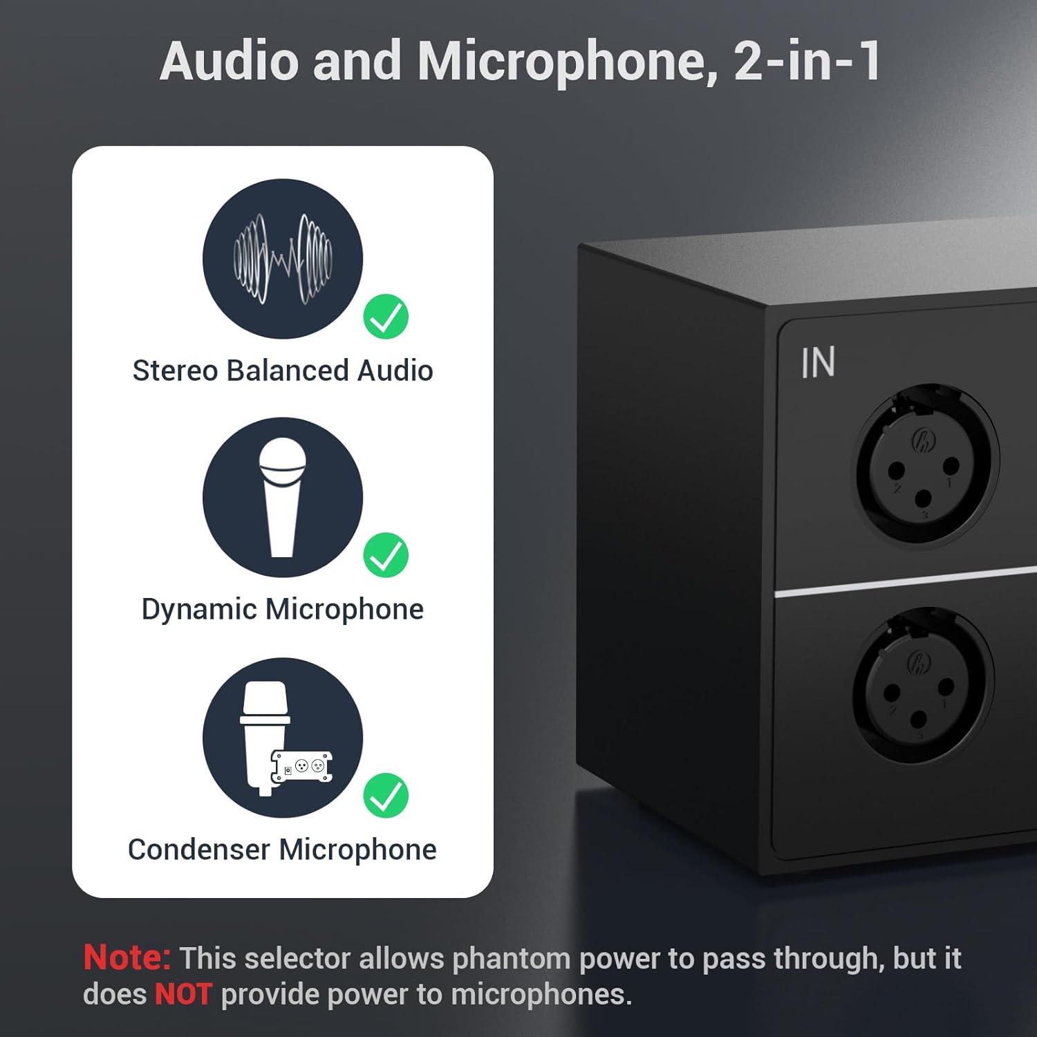 Icons indicating support for stereo balanced audio, dynamic microphones, and condenser microphones.