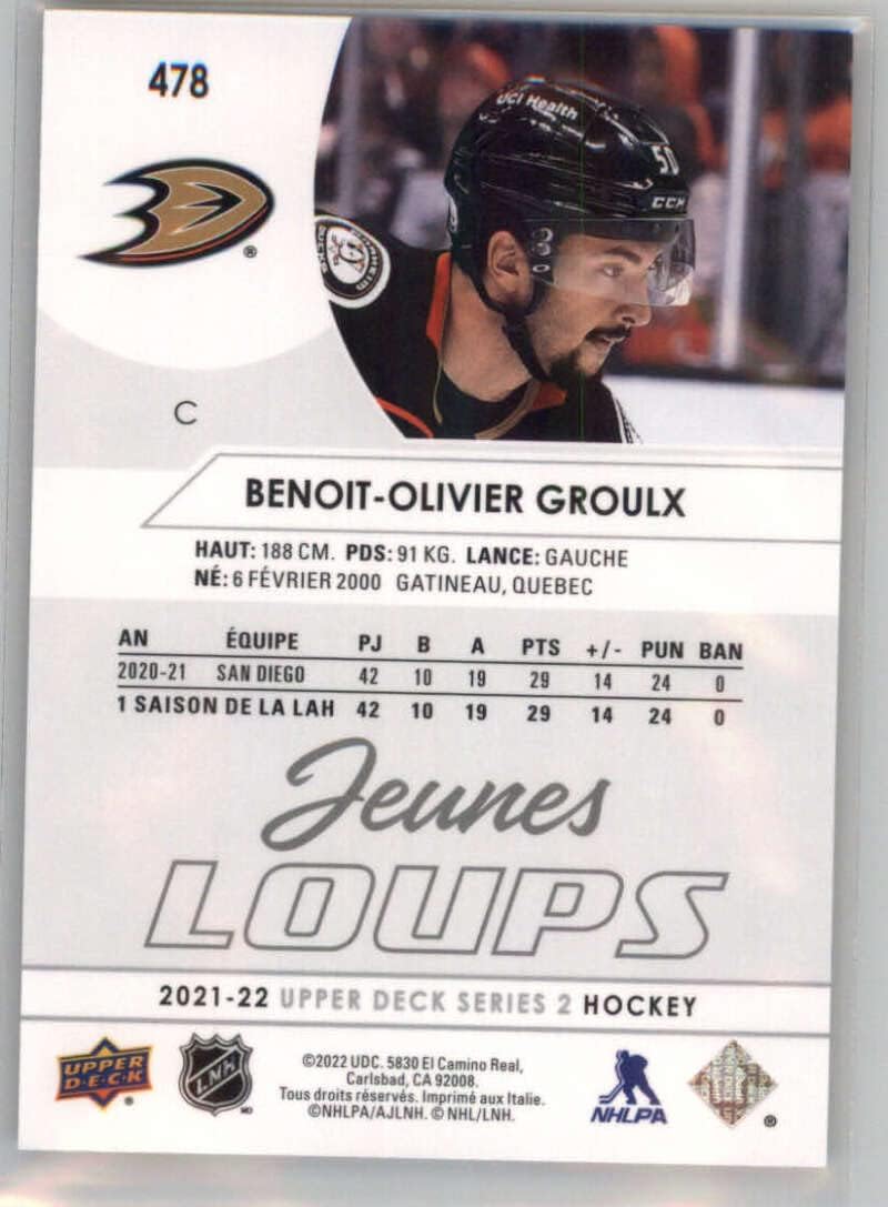 2021-22 Upper Deck Series Two French #478 Benoit-Olivier Groulx YG Young Guns RC Rookie Card Anaheim Ducks Young Gun Official NHL Hockey Card in Raw (NM or Better) Condition
