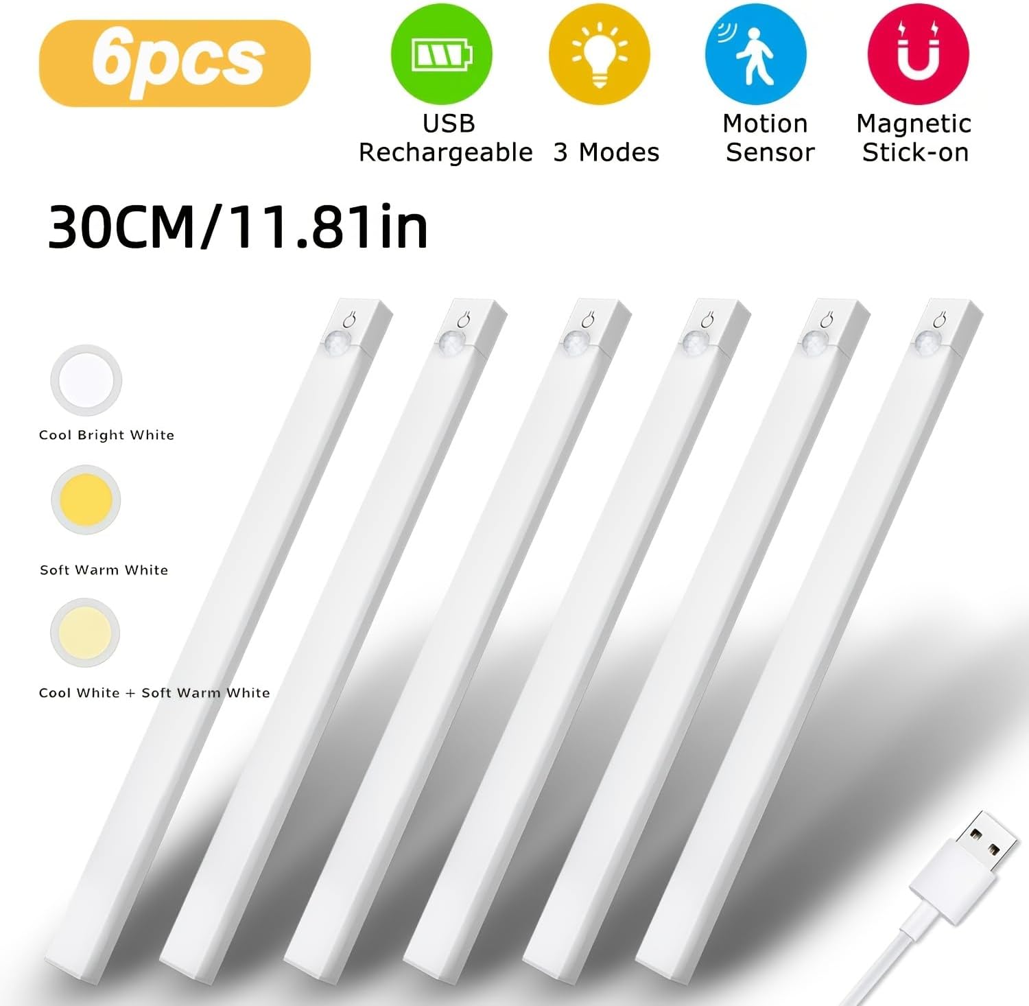 6pcs LED Motion Sensor Dimmable Cabinet Lights, USB Rechargeable, 3Color Modes (3000K/4500K/6000K), Night Light, for Bedroom, Kitchen, Piano Room & Dance Studio, Bedside Reading Lights 11.81"