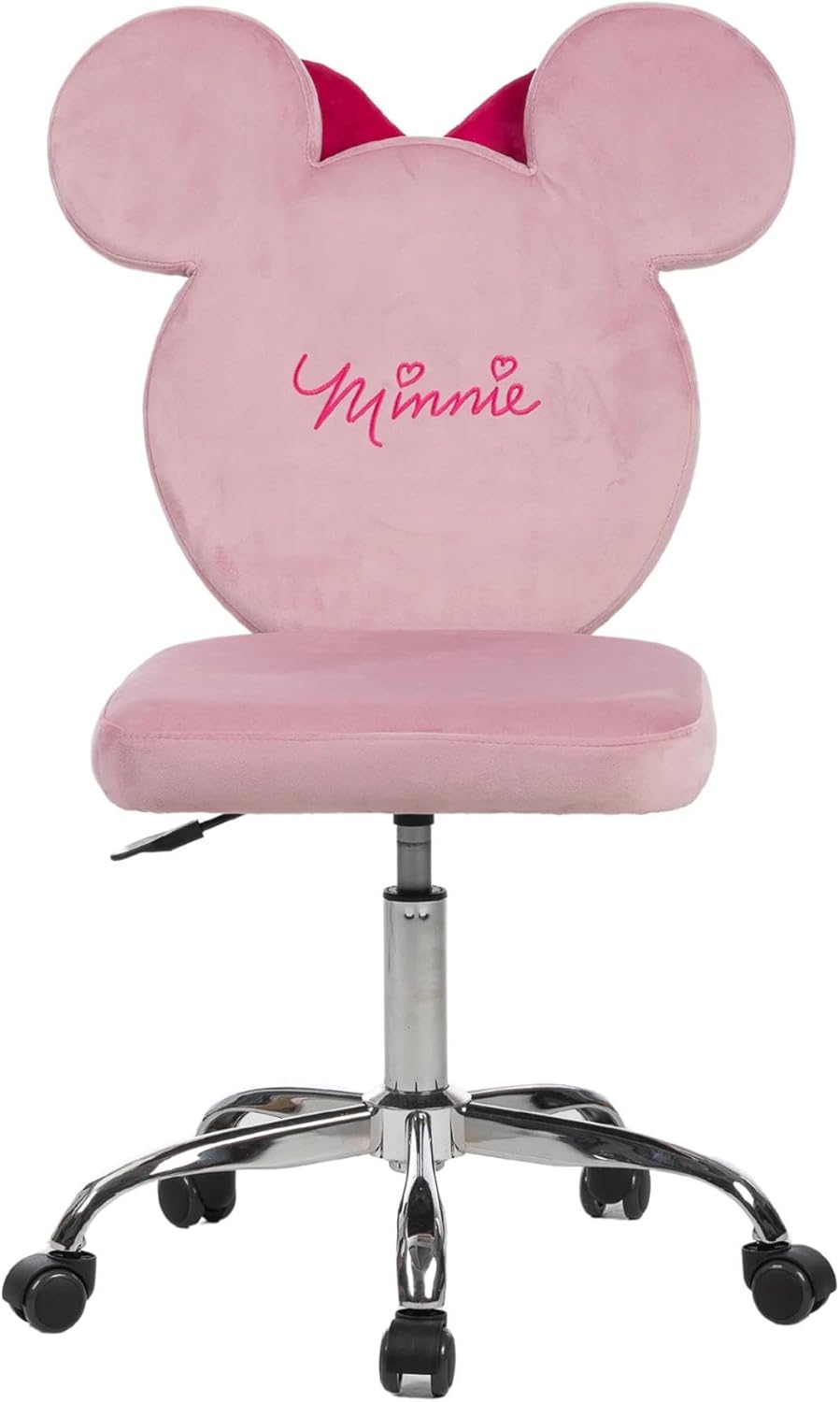 Impressions Vanity Minnie Mouse 360 Degree Swivel Vanity Chair for Bedroom, Armless Makeup Chair with 5 Rolling Wheels, Adjustable Seat Height, Metal Base, and Polyurethane Padded Seat (Pink)