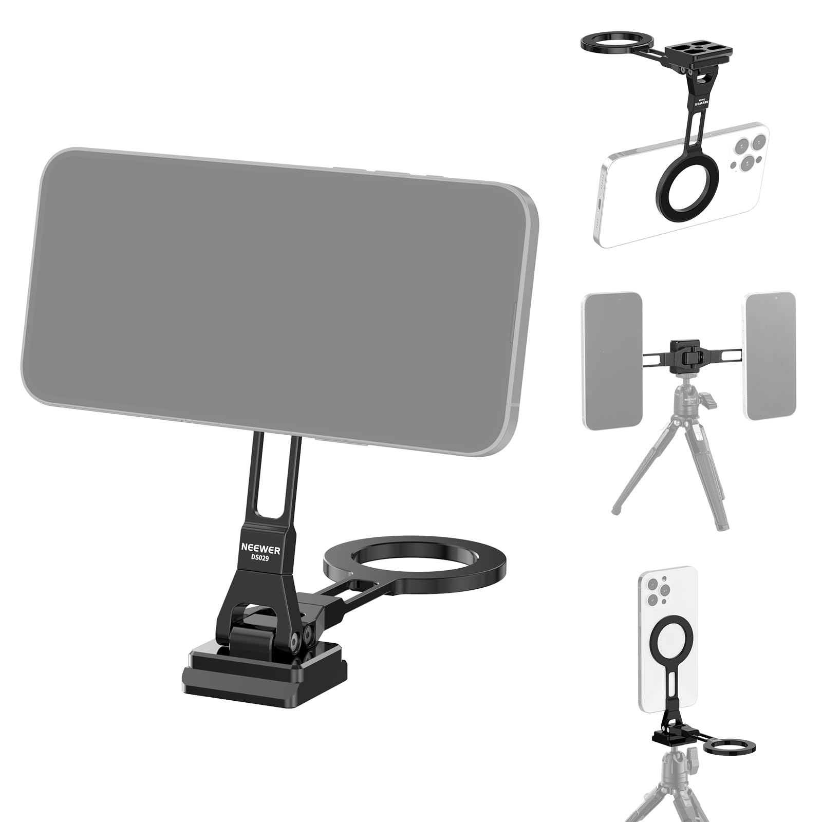 NEEWER Dual Magnetic Phone Holder Stand Tripod Mount with Arca Type Base, Metal Lightweight Portable Camera Cellphone Attachment Compatible with MagSafe iPhone Samsung Android Video Recording, DS029