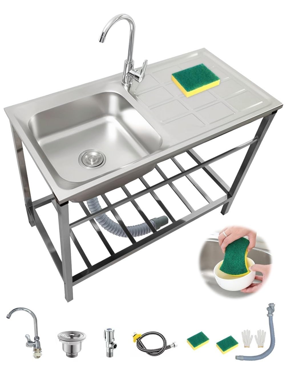 Fregadero Cocina fregadero Exterior Jardin lavamanos Portatil Con Kit De Drenaje + Grifo Fregadero Fregaderos Comerciales Fácil De Limpiar Color Acero Inoxidable para Cocina Restaurante Garaje
