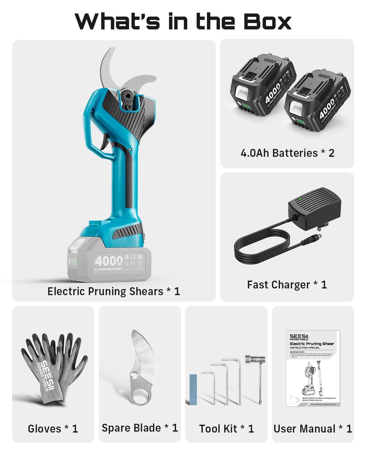 SEESII Tijeras de podar eléctricas con batería de 55 mm con luz LED, 2 baterías de 4000 mAh, hoja SK5, motor sin escobillas, pantalla LCD, para huertos, paisajismo y jardinería profesional