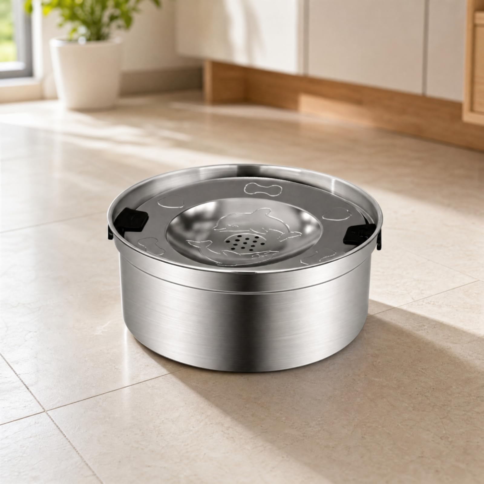 Cuenco Agua con Tapa Flotante Higiénico Cuenco Redondo Acero Inoxidable con Base Antideslizante Práctico para s, 3,2L