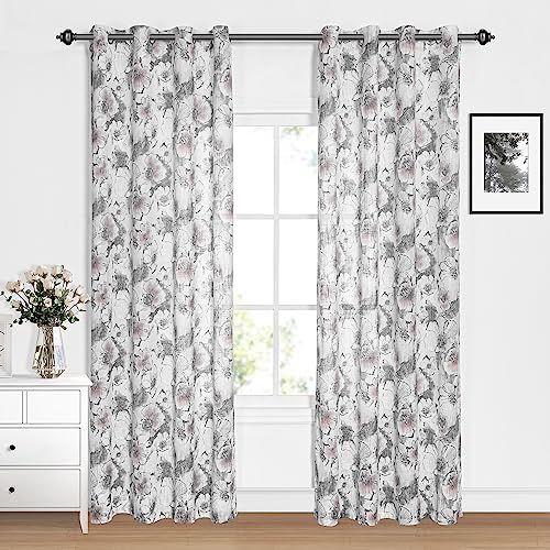 Image of MYSKY HOME Curtains 84 Inch Length Floral Curtains for Living Room Flower Printed Light Filtering Privacy Protect Drapes Set Natural Linen Look Window Drapes Grommet 2 Panels,Pink and Grey
