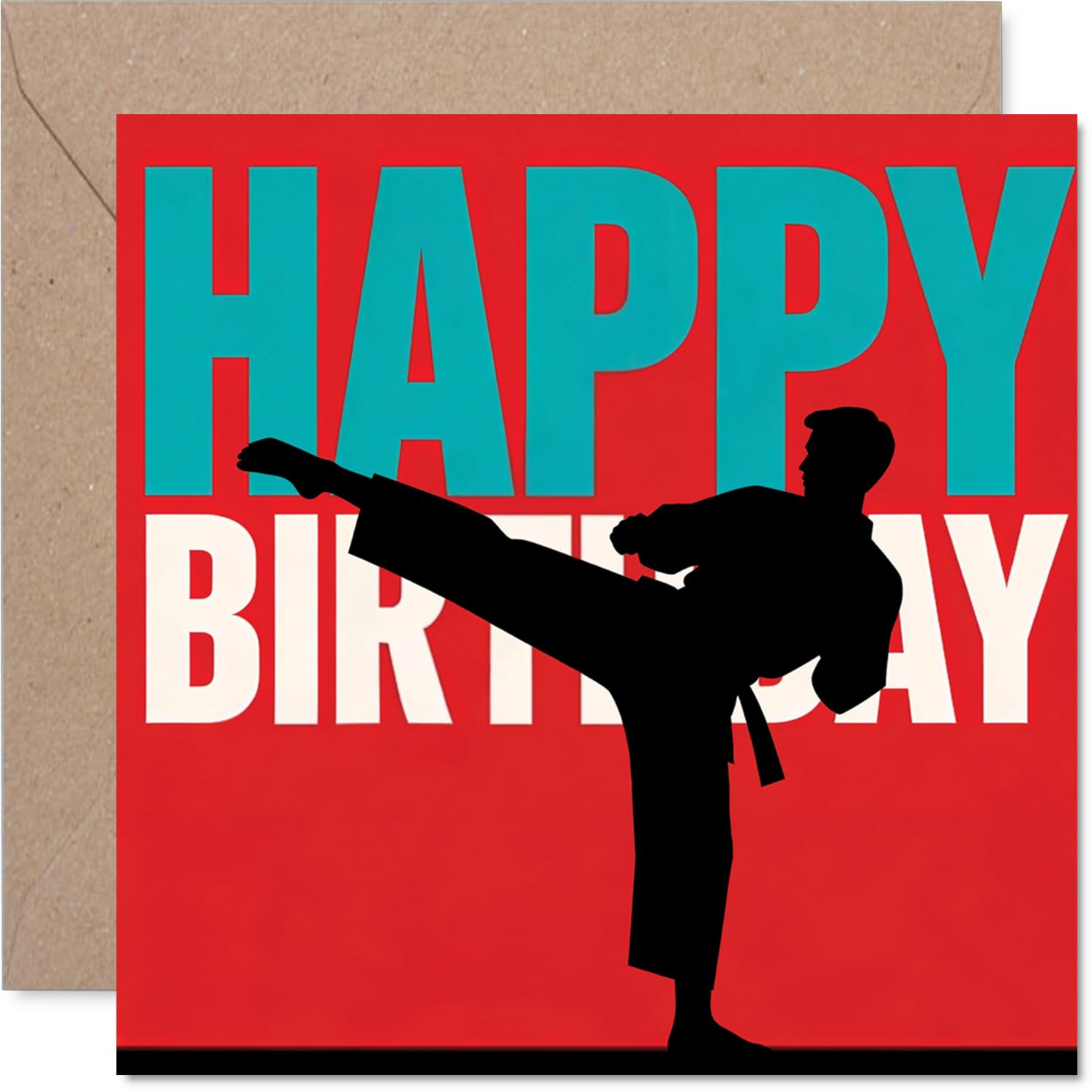 Playful Birthday Card - Bursting with Birthday Energy - Martial Artist Silhouette in Bold Red, Blue, and Black - A Knockout Card for Action Lovers - 145mm Square, Envelope Included